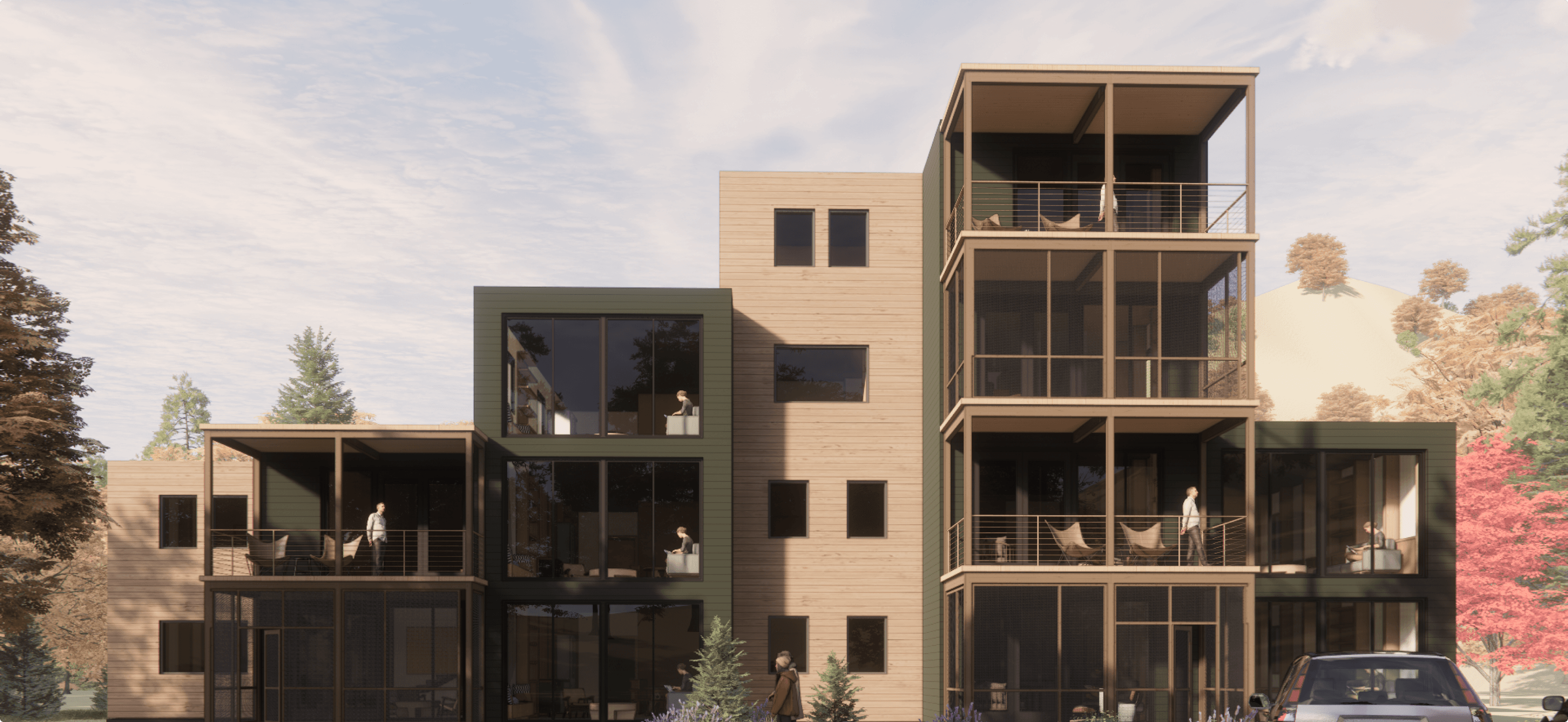 TMBR mass timber mid-rise apartment building featuring a modular design for efficient and scalable housing solutions.