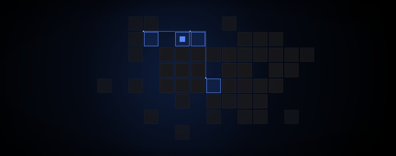Connected blue squares on a dark grid background