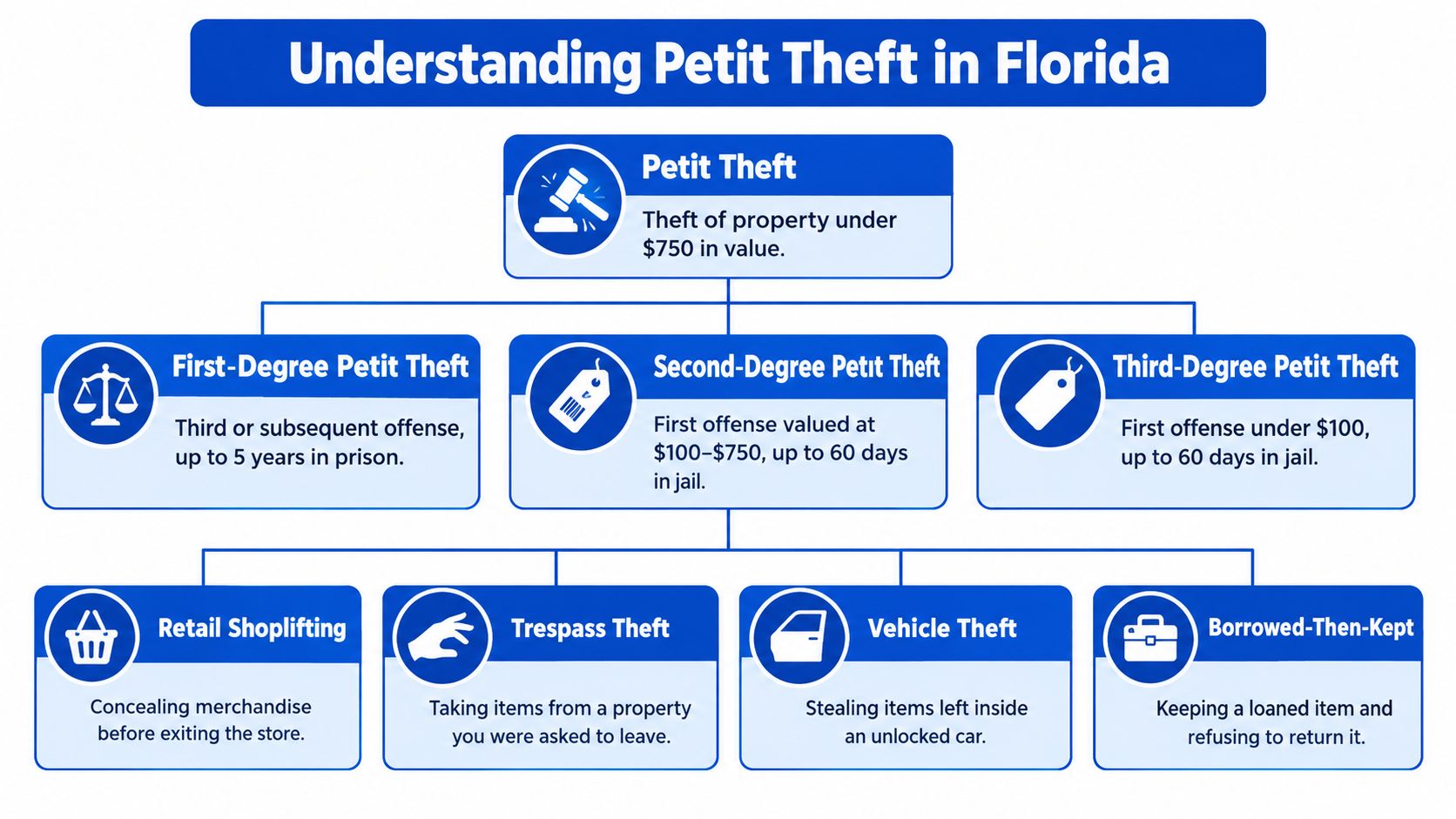 A flowchart detailing Florida legal classifications for petit theft including categories, offense levels, and specific examples.