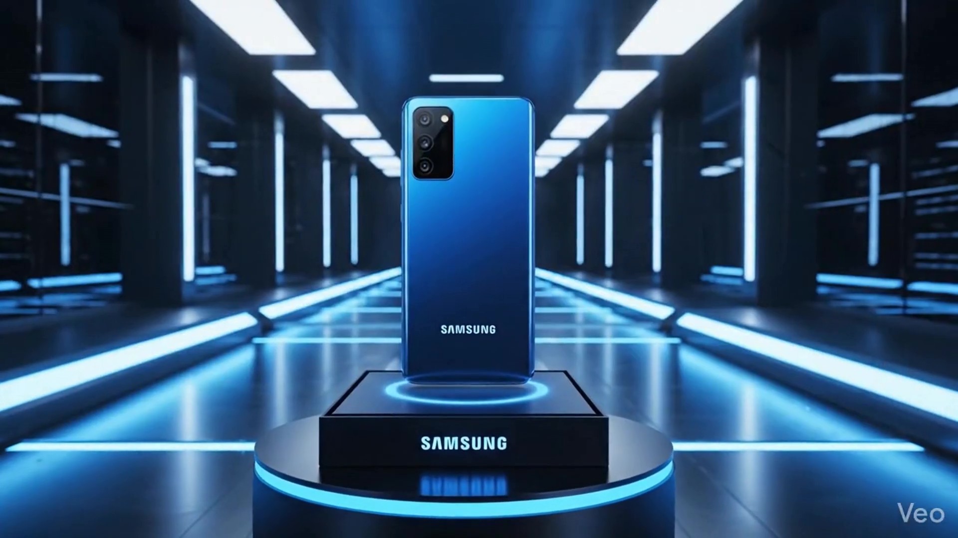 A futuristic AI-generated video thumbnail by Mahendra R showcasing a sleek blue Samsung Galaxy smartphone centered on a podium in a high-tech corridor illuminated by symmetrical blue neon lights.