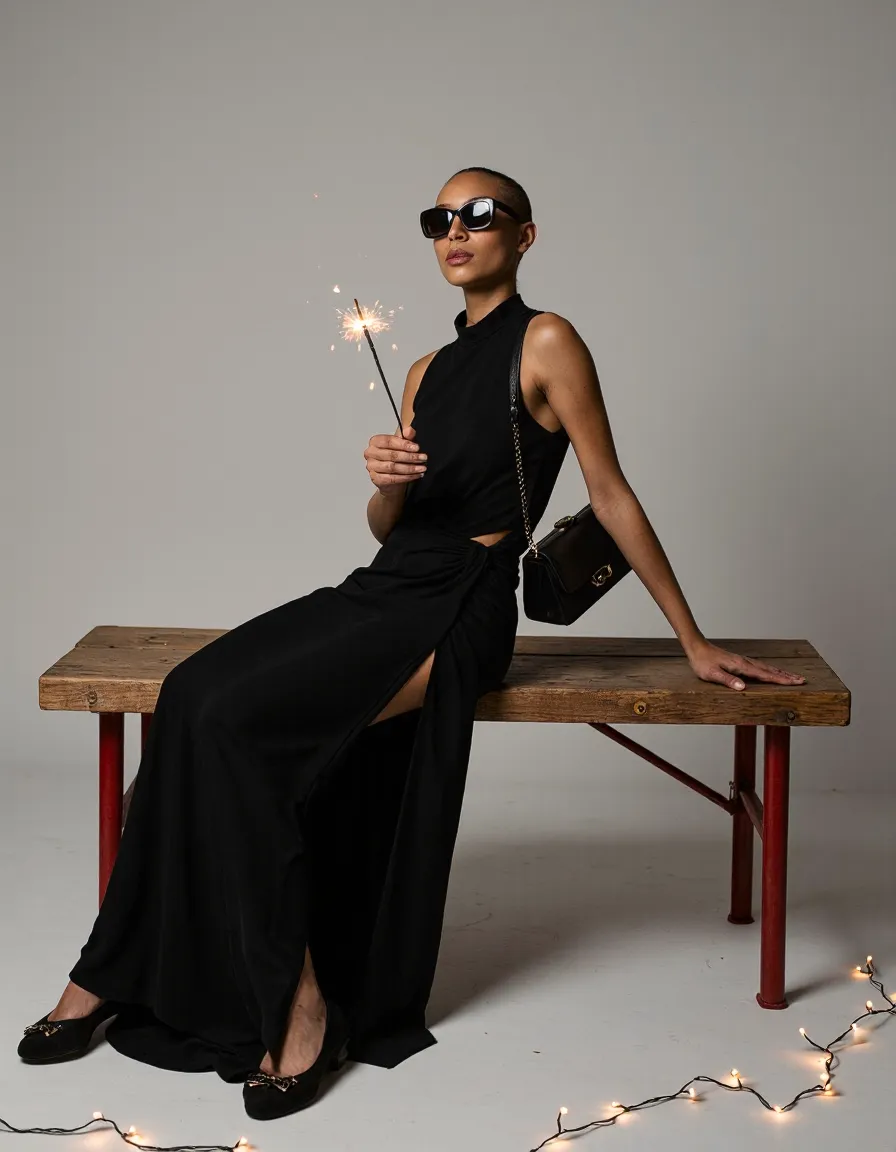 Stylish woman in elegant black outfit holding sparkler while sitting on wooden bench, professional fashion photography