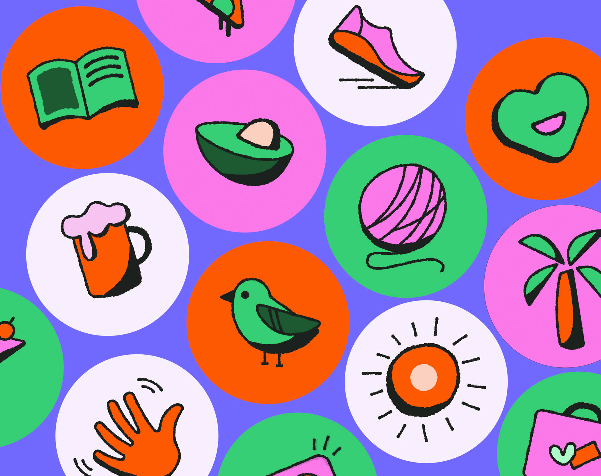The image shows a collection of colorful circular icons on a vibrant blue background. The icons include a green open book, a pink avocado with a white spot, a pink shoe, a pink yarn ball with pink stripes, a brown mug with a white handle, a green bird, a white clock with black hands and numbers, a pink palm tree, a green hand making a rock-and-roll gesture, a pink heart with a green outline, a pink shopping bag, and a green hand making a peace sign.