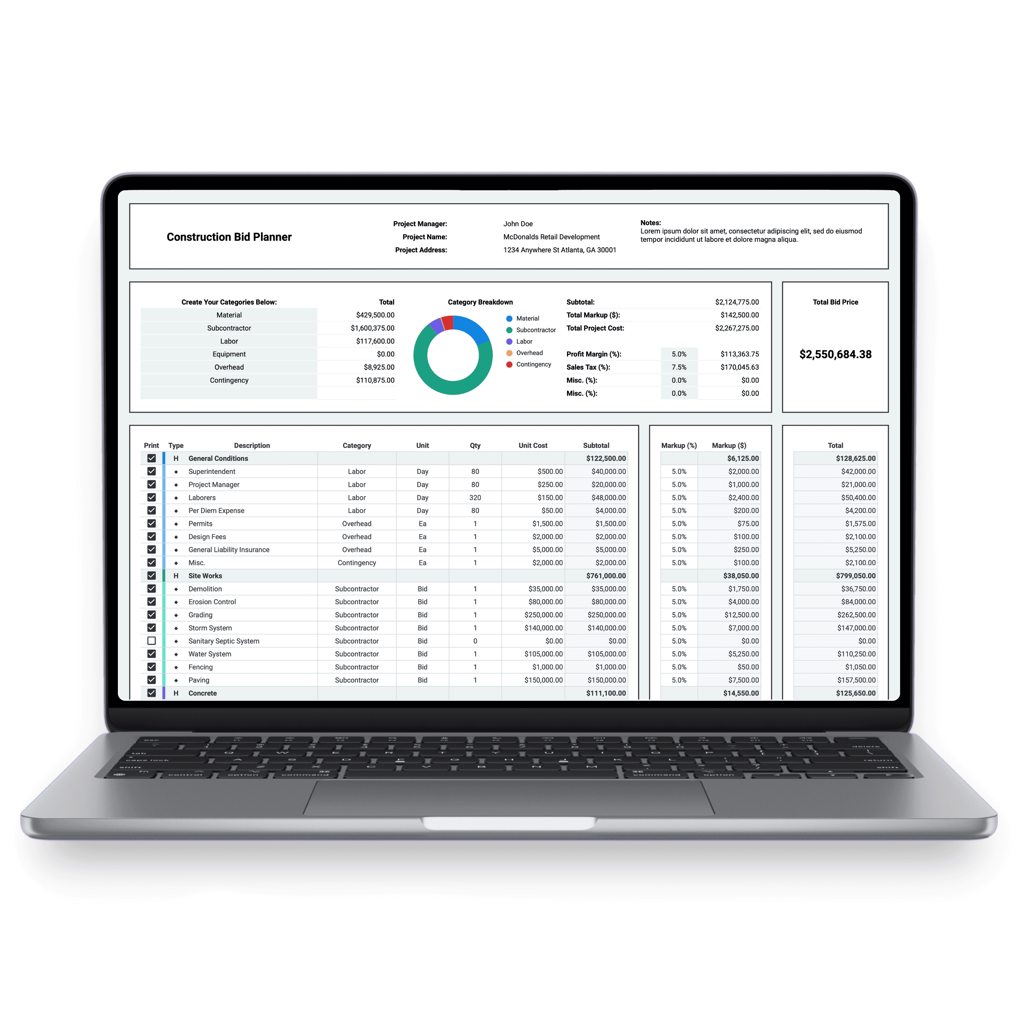 Product thumbnail of the Construction Bid Planner in Google Sheets showing bid calculator dashboard with donut chart and itemized line items on a gradient background