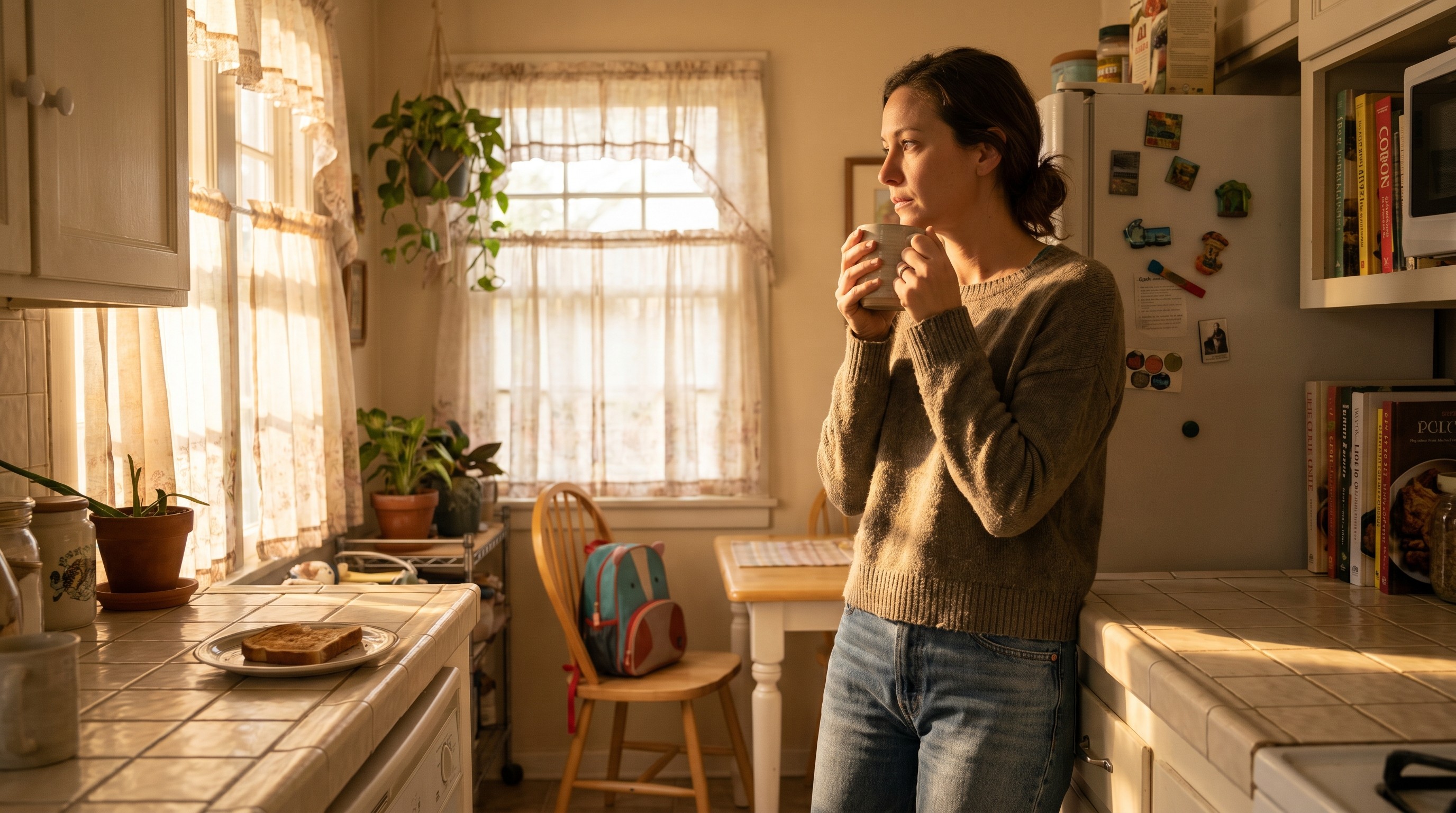 Woman in sunlit kitchen gently touching her sore jaw while holding a morning coffee mug