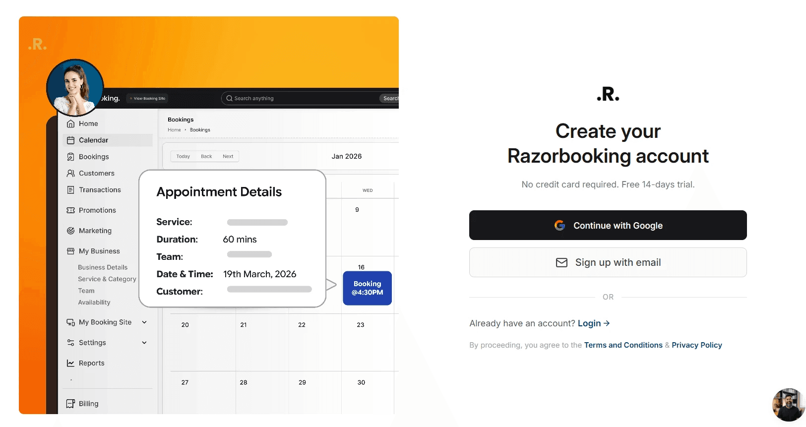 Create your Razorbooking account screen with Continue with Google and Sign up with email buttons