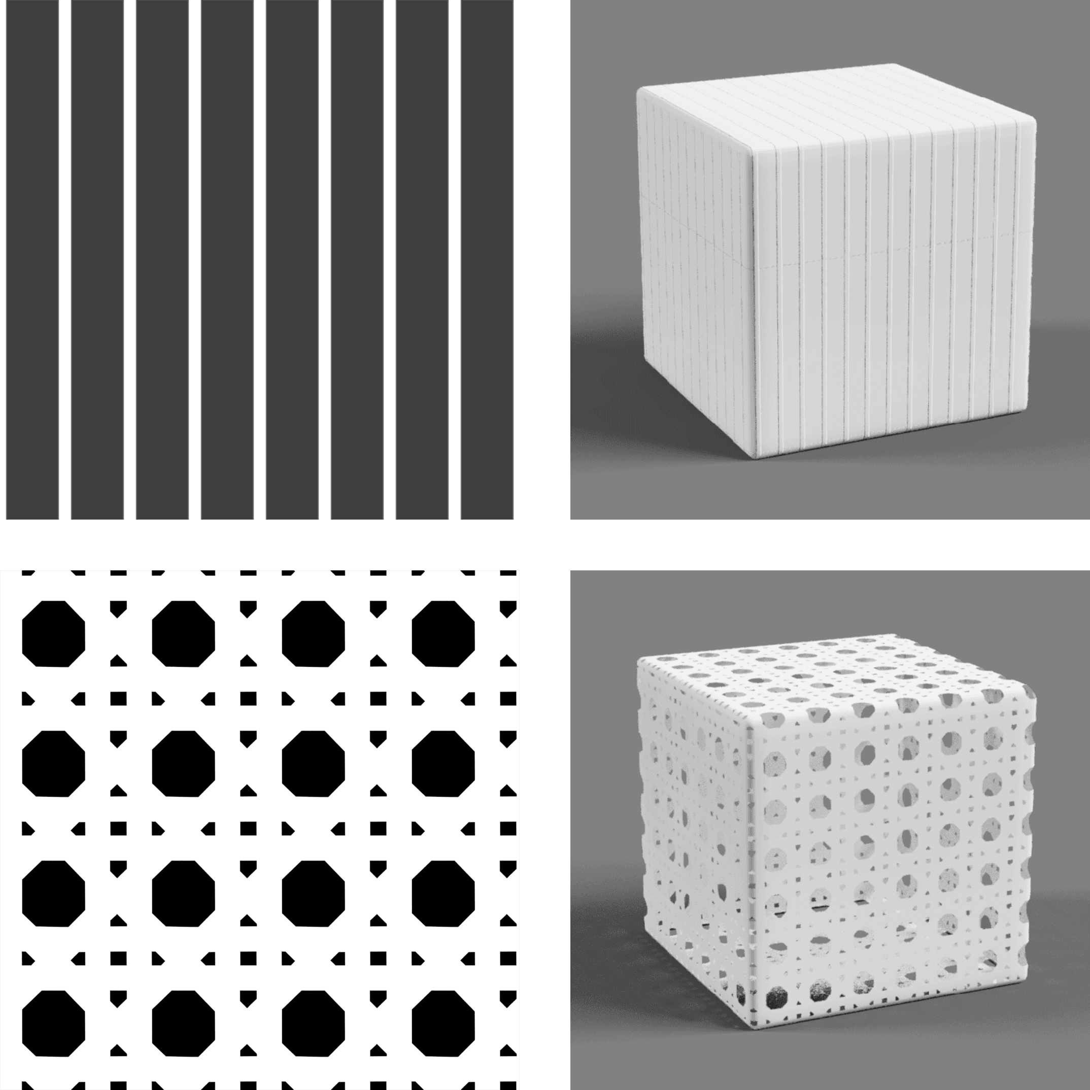 In a bump map (top), darker areas of the image are treated as recesses, where lighter areas are shown as ridges. In a cutout map (bottom), black areas of the image are shown as transparent, which creates perforations.