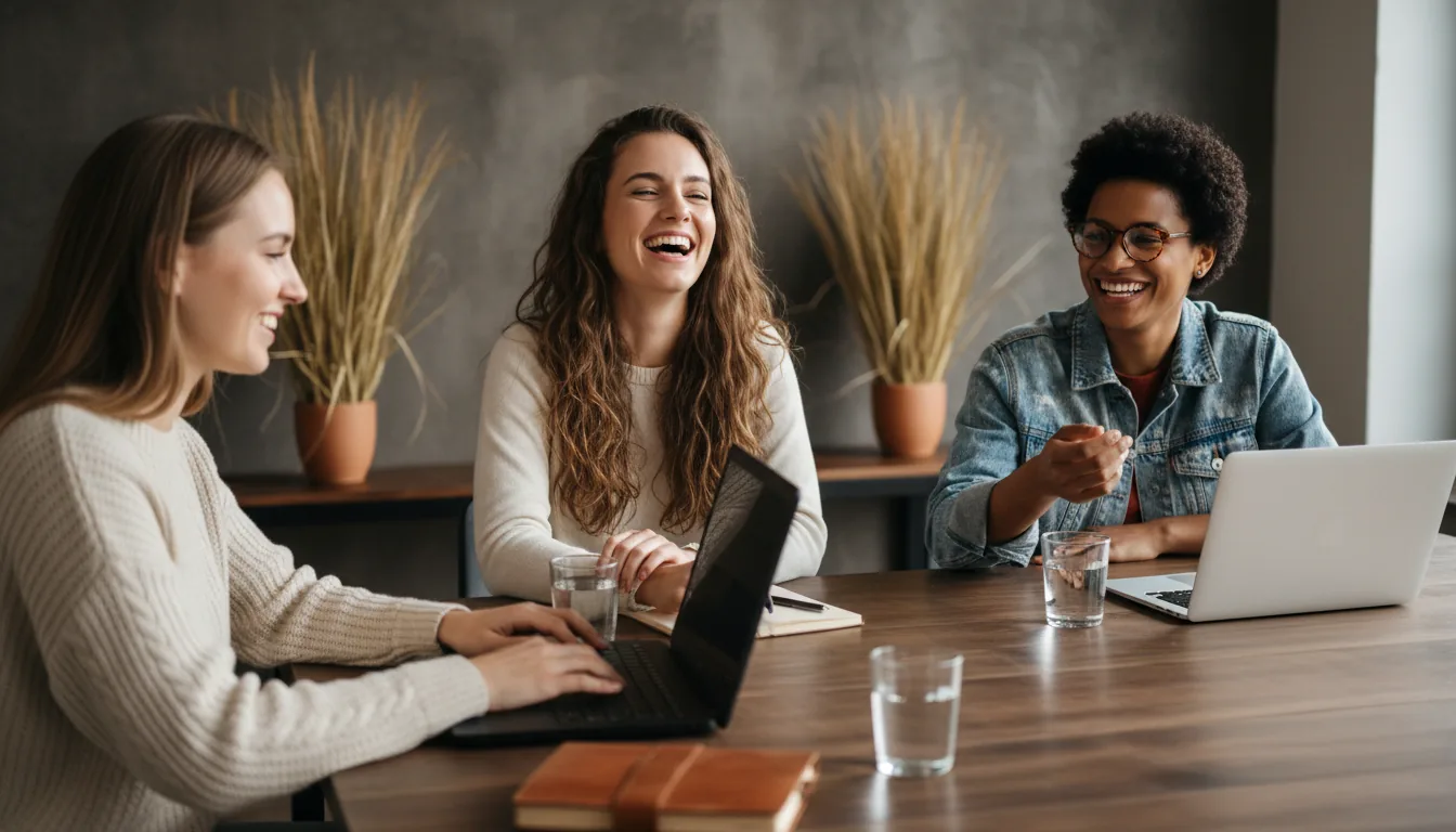 DSLR photography of three diverse young colleagues in a creative meeting, laughing together at a dark wood grain table in a modern, rustic office. A woman in a cream sweater is seen from over-the-shoulder, typing on a black laptop. In the middle, a woman with long brown hair laughs, and on the right, a person with short dark hair and glasses wears a bleached denim jacket. The table has a second silver laptop, a brown leather journal, and glasses of water. The background is a textured, dark concrete wall with tall, dry grass decor. The scene is shot with soft, natural daylight, creating a warm, candid atmosphere with a shallow depth of field, keeping the people in sharp focus.