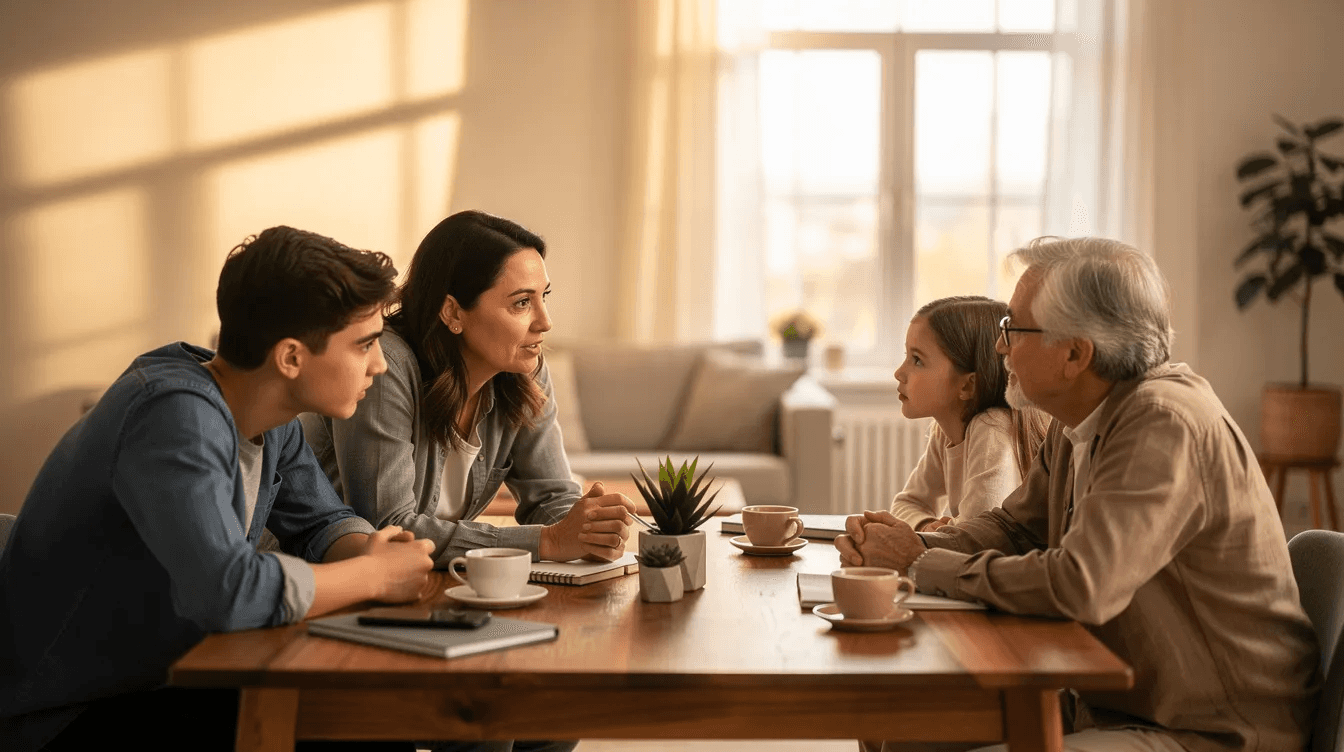The image depicts family members engaged in a meaningful conversation around a table, discussing important topics related to their estate plans and legacy, including beneficiary designations and the management of financial assets. This gathering highlights the significance of professional advice in navigating sudden wealth and ensuring financial security for loved ones.