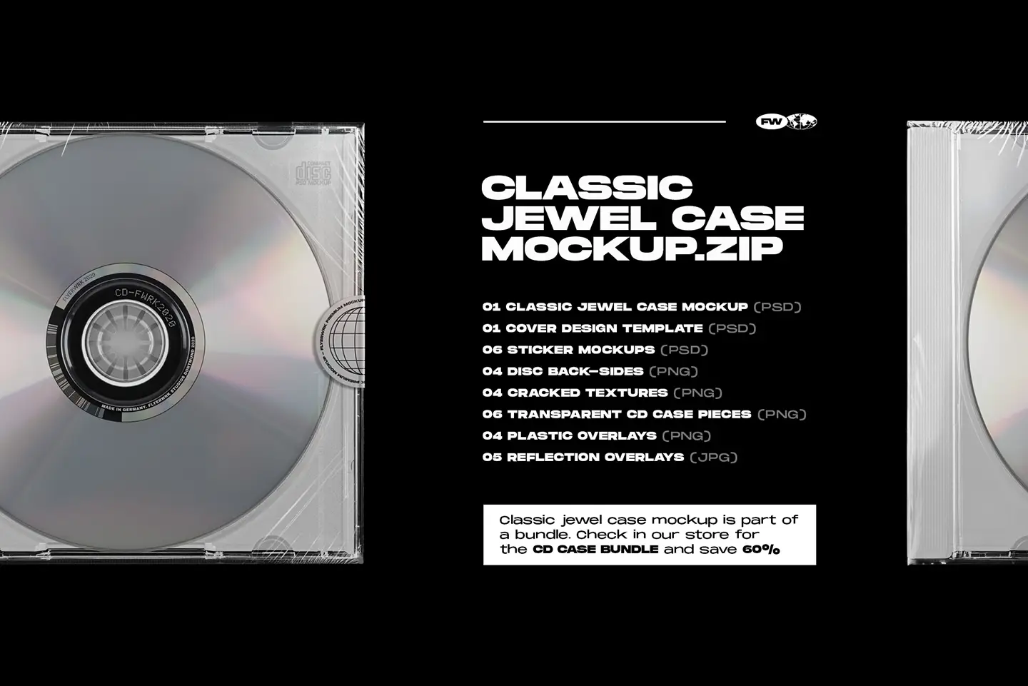 Classic CD jewel case mockup package contents with PSD templates textures and overlays