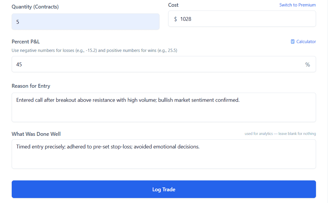 Screenshot ot "notes" section to record trade notes