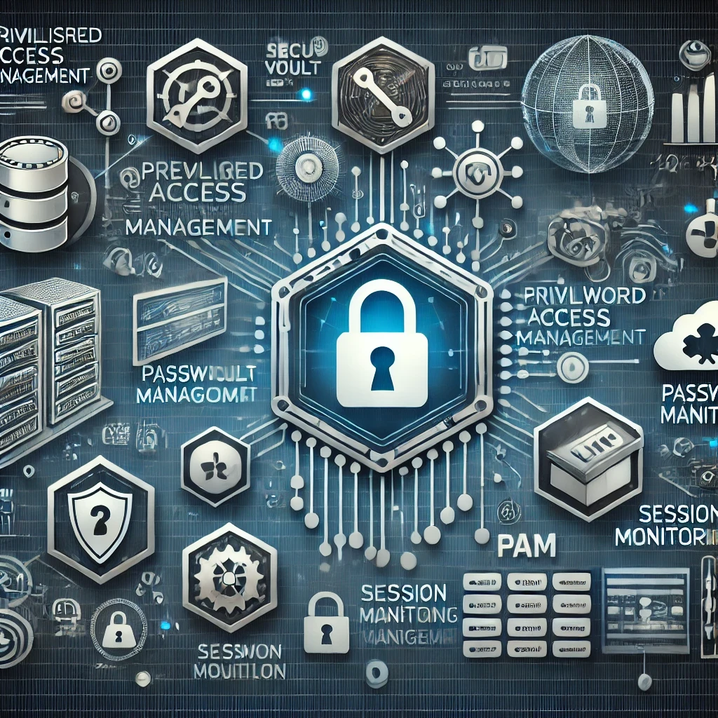 An image showcasing various Privileged Access Management (PAM) tools. The illustration features digital icons representing secure vaults, password management, access controls, and session monitoring tools. It visually conveys a comprehensive security strategy for managing privileged access, emphasizing the importance of robust PAM solutions in protecting sensitive data and systems within a networked environment.