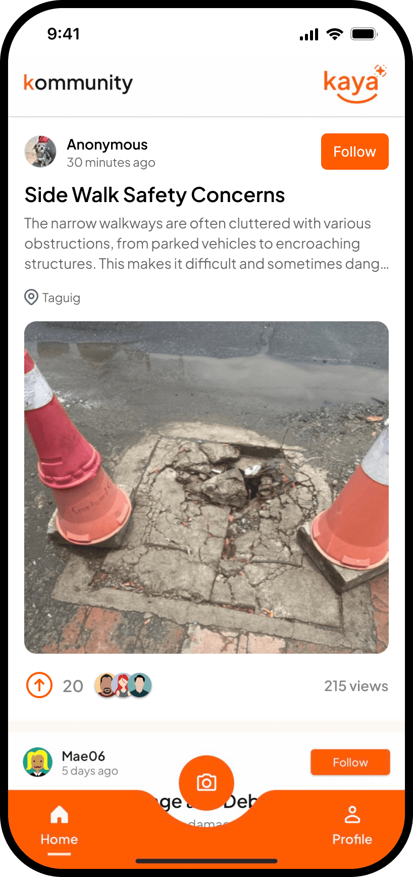 Mobile app screen showing community post about sidewalk safety concerns with photo of damaged pavement, including engagement metrics and follow button.