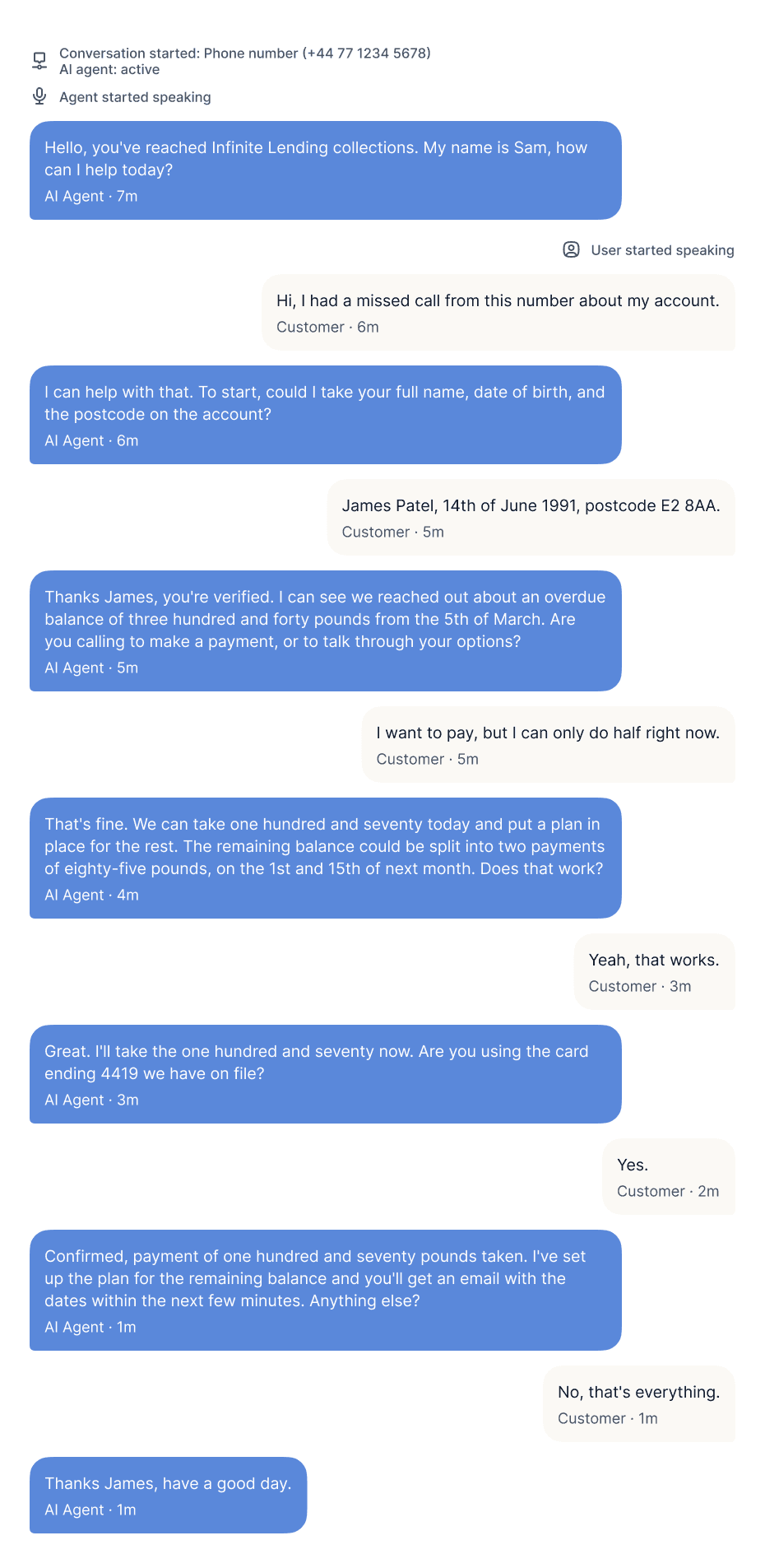 Recording of an AI voice agent handling an inbound collections call, verifying the customer's identity and setting up a partial payment plan for an overdue balance