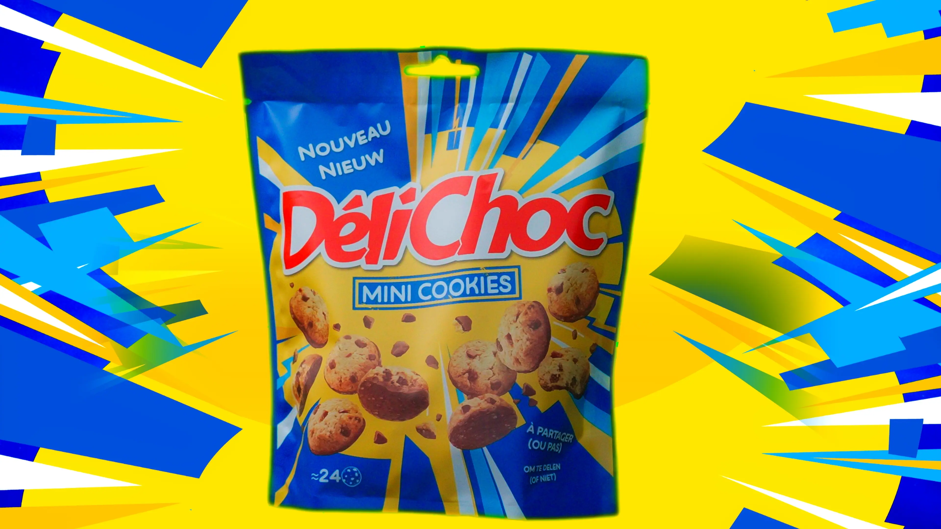 The image features a brightly colored package of DeliChoc Mini Cookies, with the text "Nouveau" indicating a new product, set against a vibrant yellow and blue geometric background.