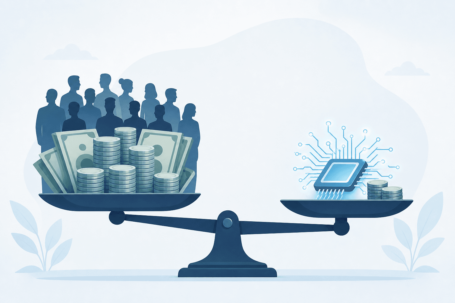 A clean, modern flat illustration showing two sides of a scale or balance. On one side, a stack of coins and currency bills representing high costs, with multiple human silhouettes suggesting a large team. On the other side, a single sleek glowing circuit or chip element representing AI technology with a much smaller stack of coins, visually demonstrating cost difference. Muted blue and teal color palette on a light background, minimalist corporate style, no text or labels.