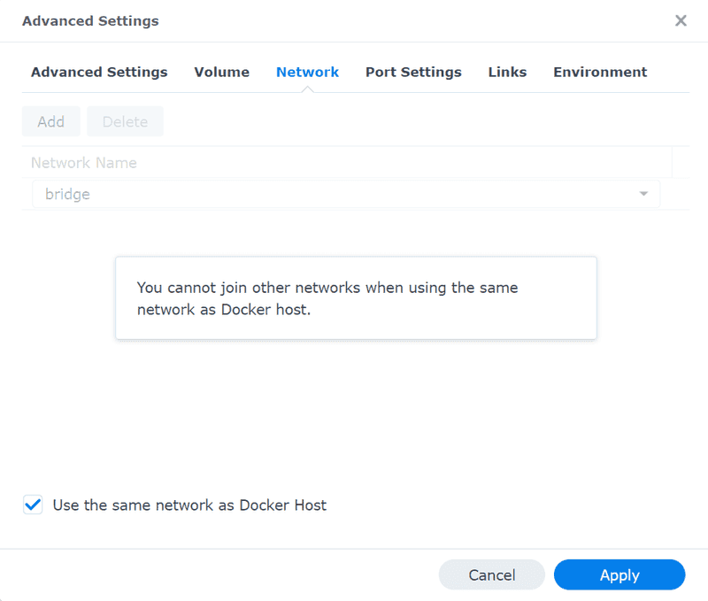 Docker container advanced settings