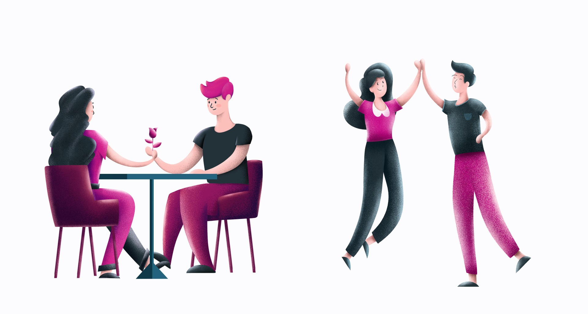 2 illustrations, a couple sitting holding a flower and a couple doing hi-five