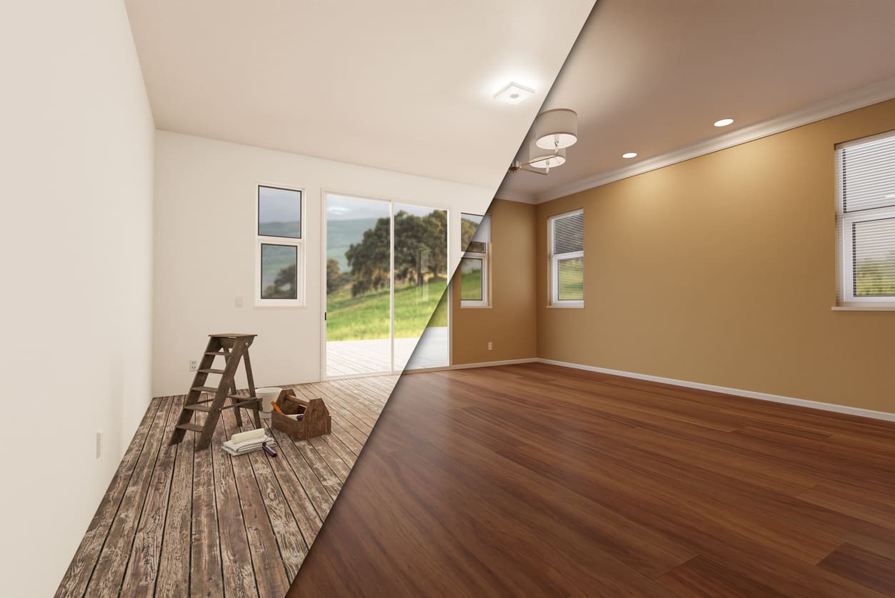 Image of before and after painted walls of a house interior. Consider the condition before you buy your first investment property.