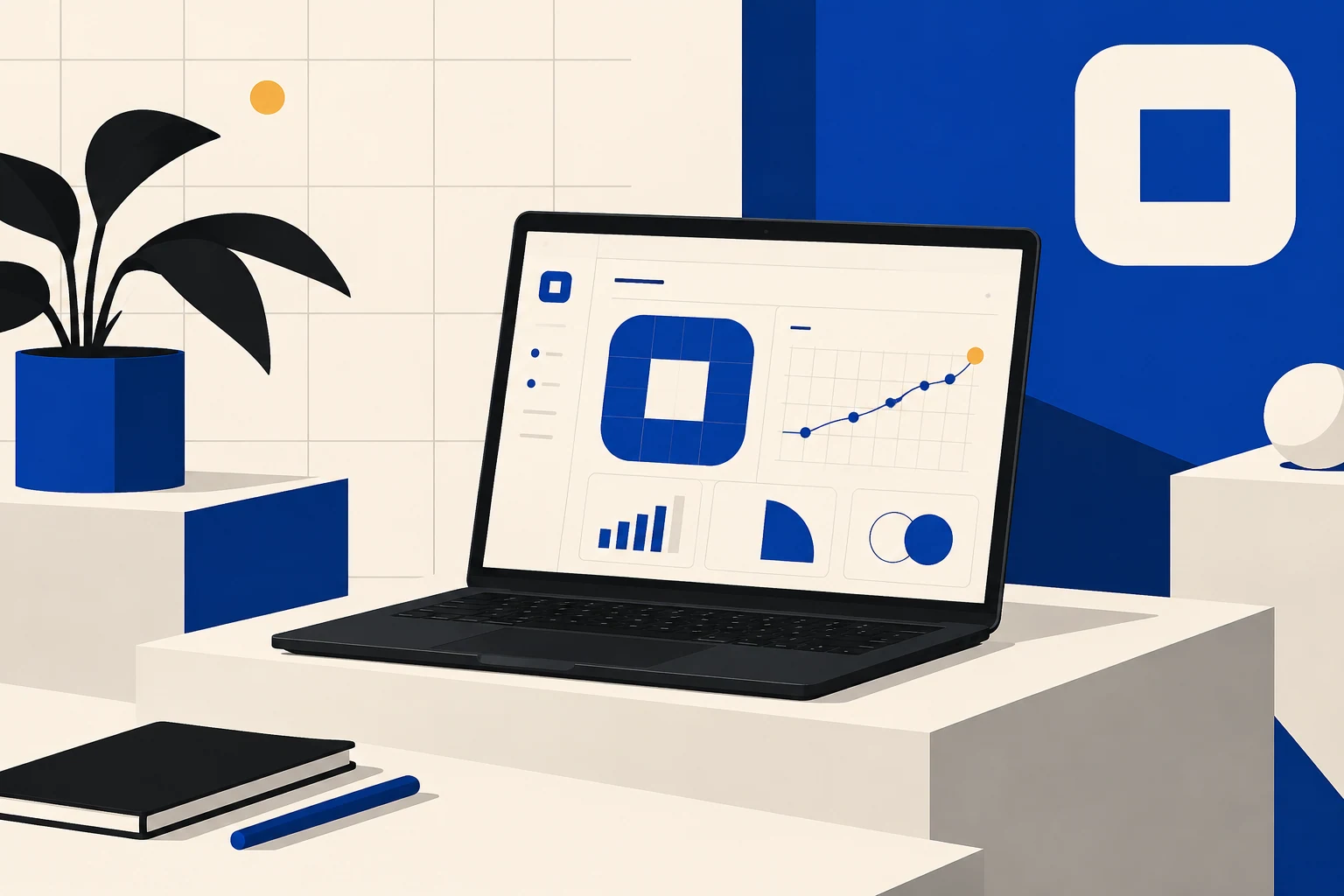An unbranded black laptop with a restrained cobalt and cream dashboard on a pale studio plinth, crisp graphic art direction
