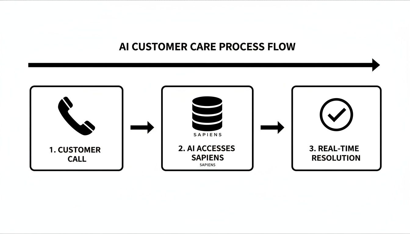 Flowchart showing AI customer care process: customer call, AI accesses Sapiens database, leading to real-time resolution.