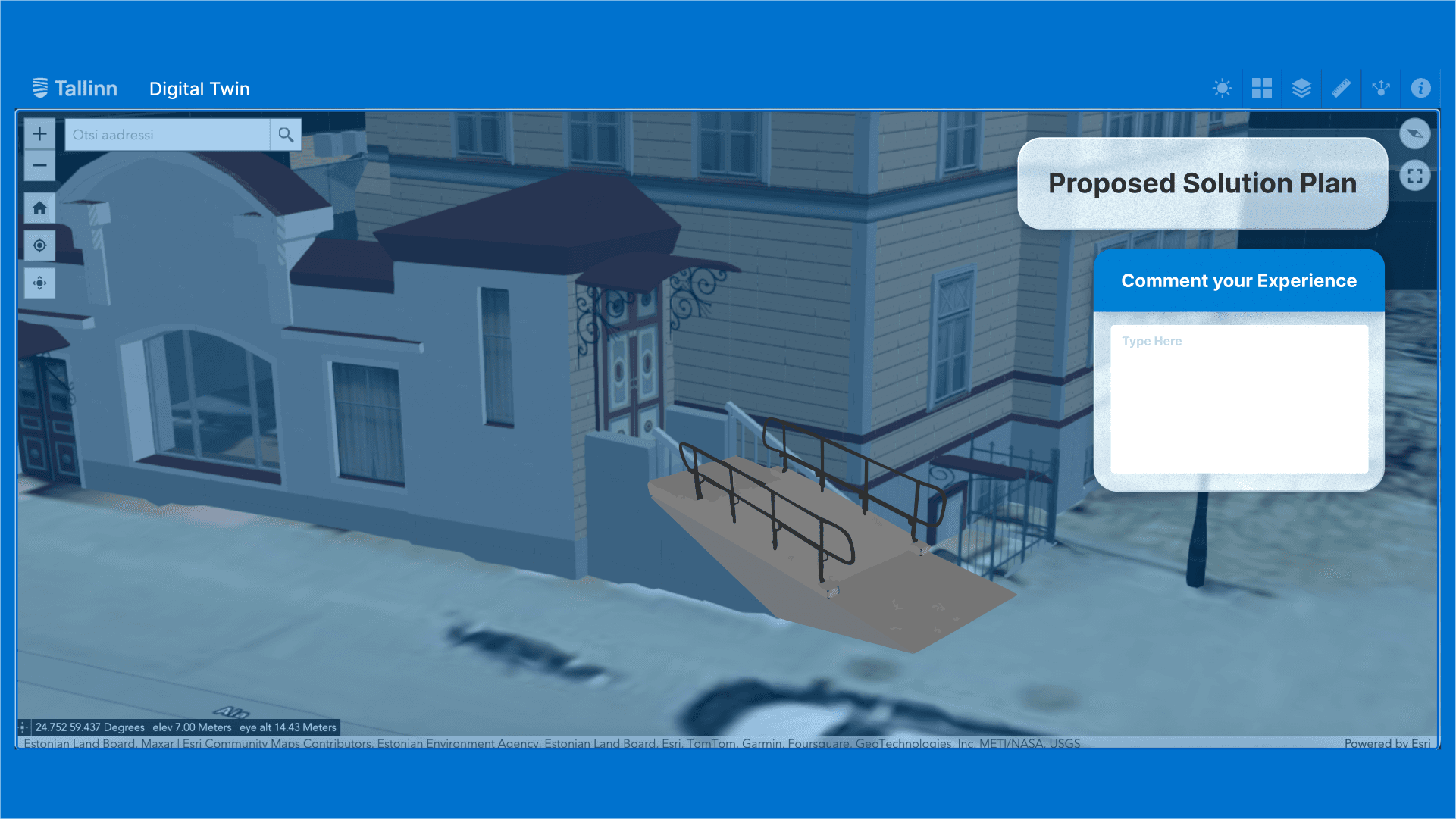 Laptop screen prototype of TwinSight that focuses on one street corner in Tallinn where there is a ramp needed. There is a "Proposed Solution Plan" from the city government applied that shows where the ramp could go. There is an option for citizens to comment their experience testing the solution with their accessibility avatars.