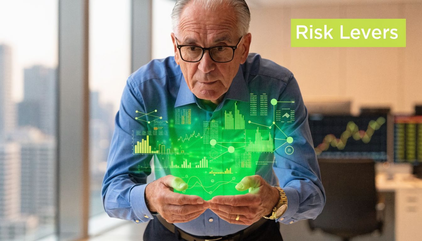A professional man inspecting a digital holographic interface showing financial data and charts on risk assessment.