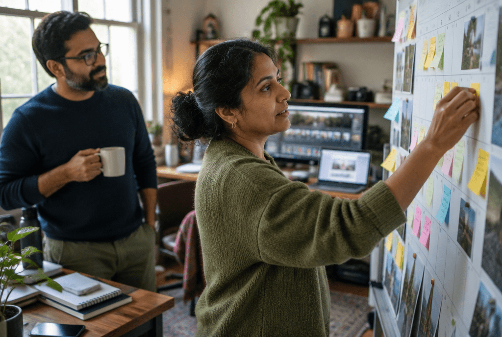 Content creator pinning article ideas onto an editorial calendar board in a small studio