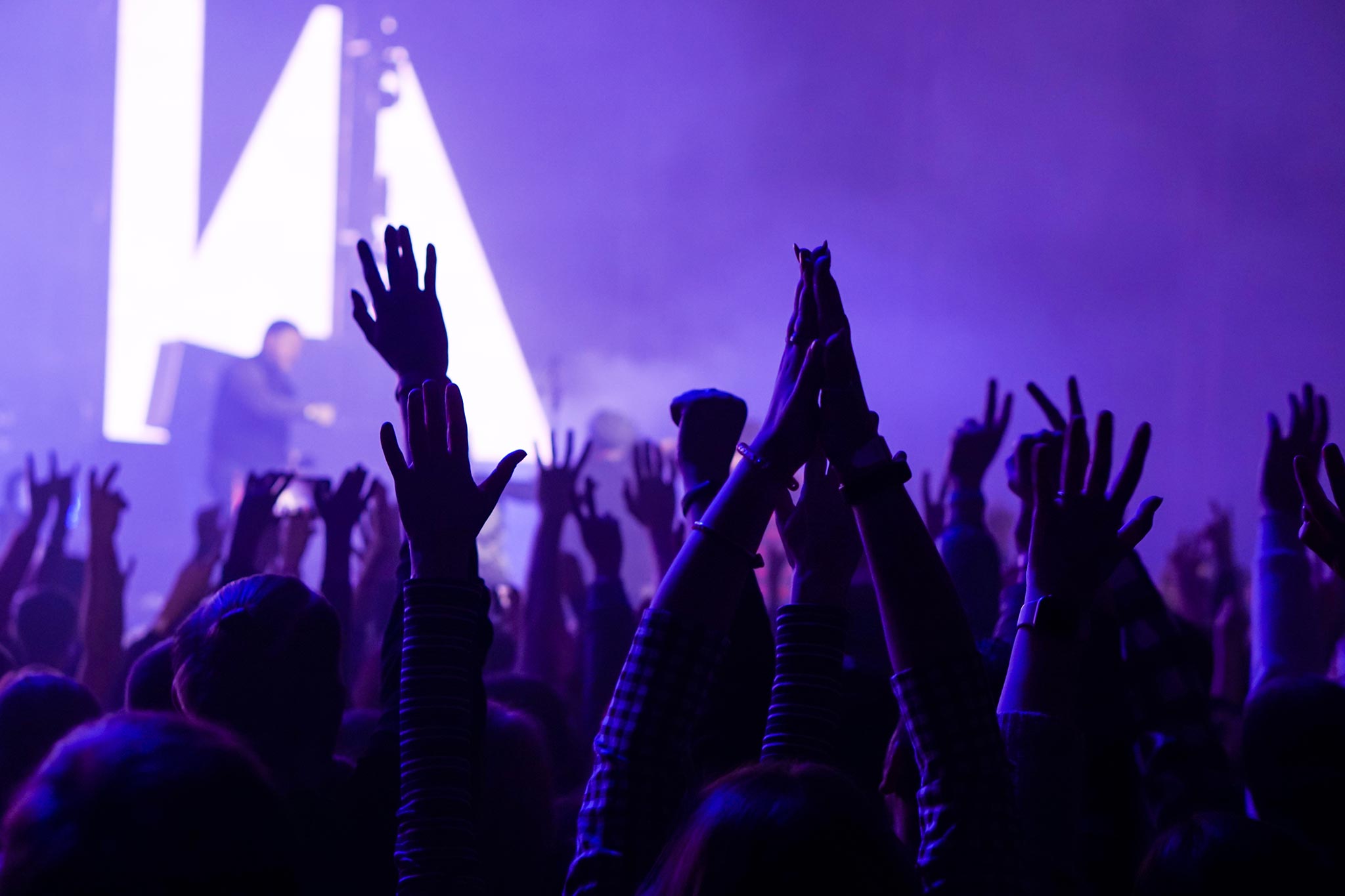 General admission concert goers in front of stage. 