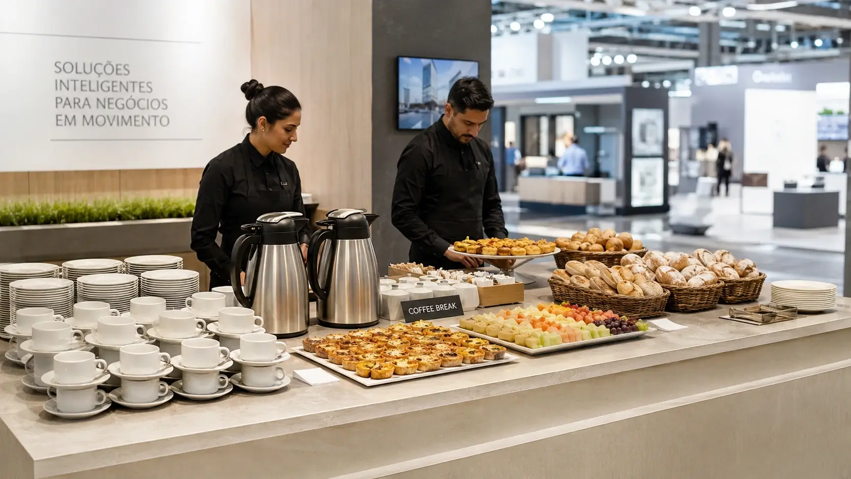 Estação de coffee break para feira corporativa em São Paulo com louça executiva, café em garrafas térmicas e cardápio em padrão executivo