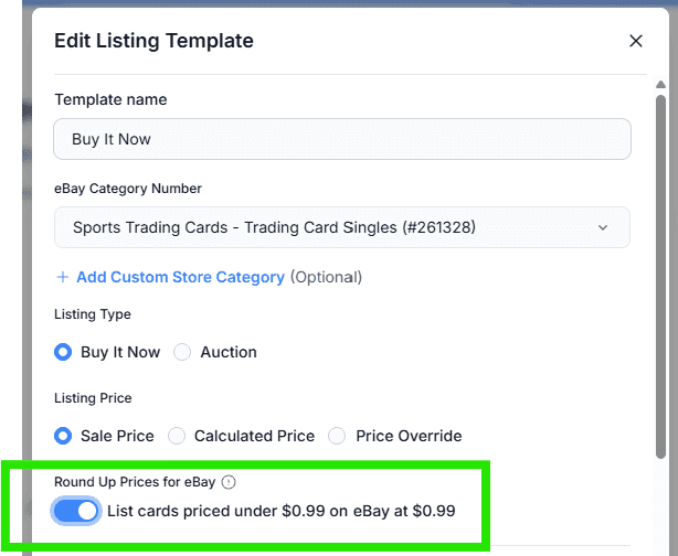 eBay listing template with Round Up Prices enabled for cards priced below $0.99.