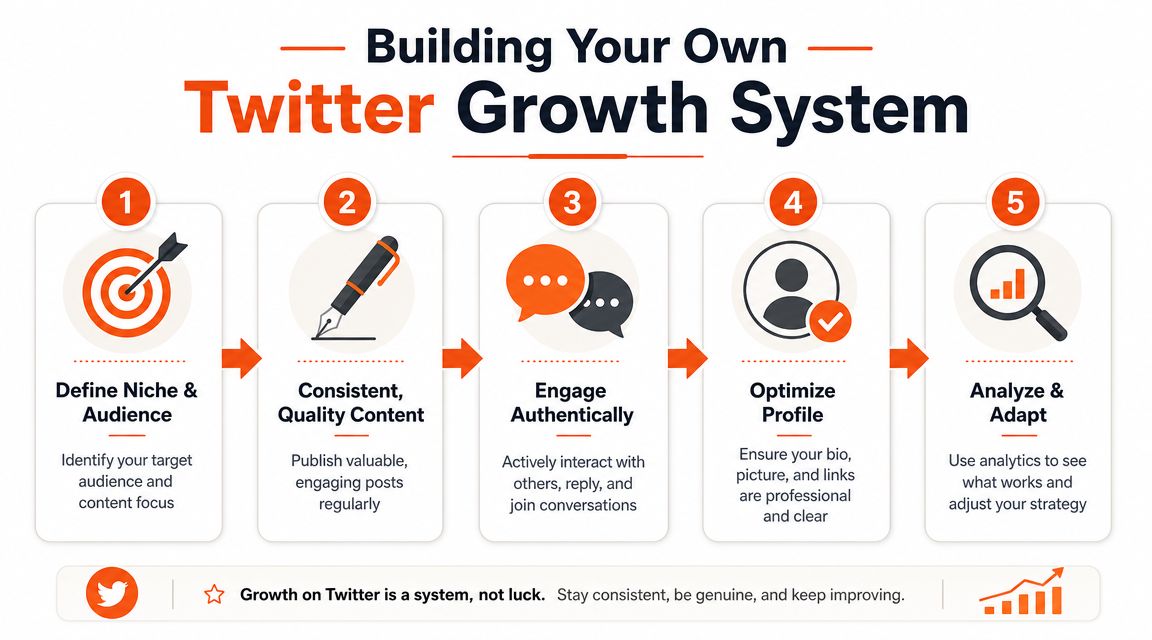 A five-step infographic showing a system for building audience growth on the social media platform Twitter.
