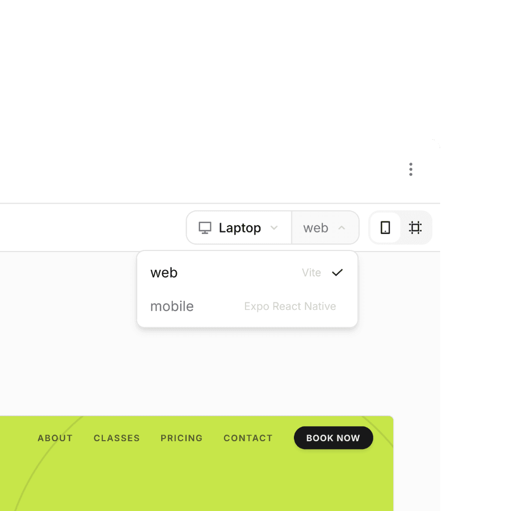 Platform preview selector dropdown showing web (Vite) and mobile (Expo React Native) options, above a navigation bar with About, Classes, Pricing, Contact links and a Book Now button