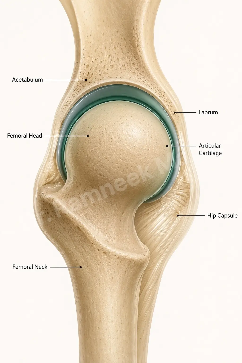 Healthy hip anatomy with intact femoral head, labrum and cartilage - the baseline before total hip replacement.