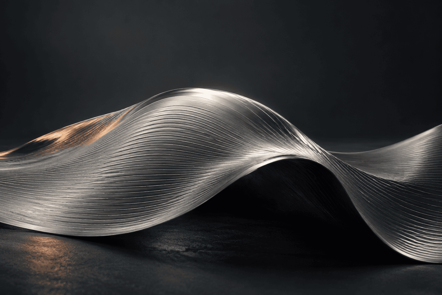 Original fictional liquid metal surface with fine ripples in charcoal light.