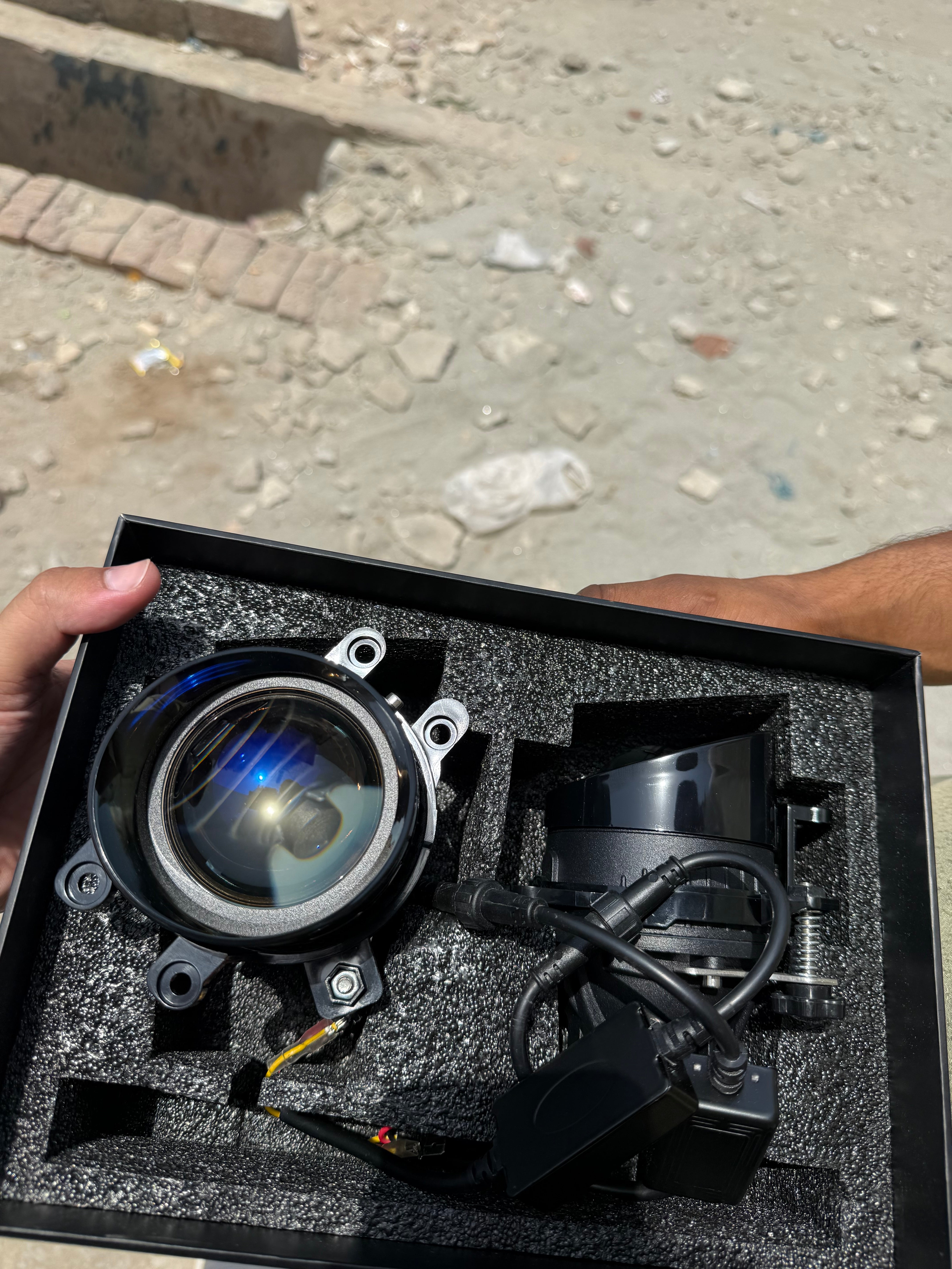 3-in-1 LED projector light module in box with blue lens and wiring harness