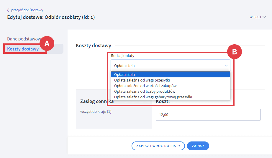 Rodzaje opłat w zakładce Koszty dostawy w Shoper