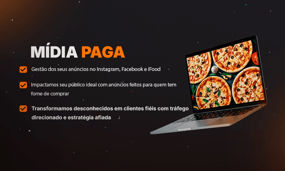Layout de serviço de mídia paga com anúncios digitais de alimentos, destacando tráfego pago, campanhas online e aumento de vendas no marketing digital.