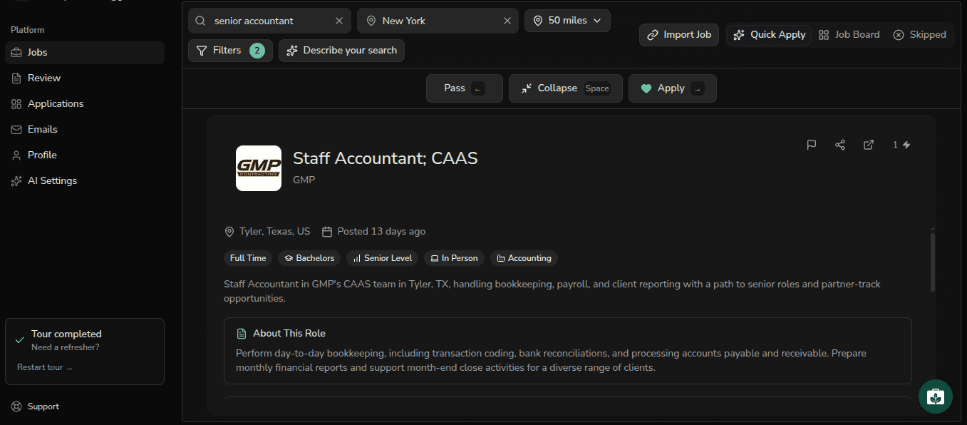 Sprout job match showing a Staff Accountant role at GMP in Tyler, Texas from a senior accountant search