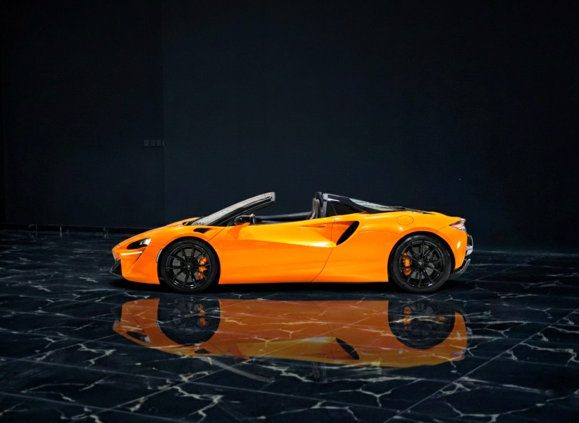 McLaren Artura Spider 2025 open top hybrid supercar exterior detail photographed for Queen of Supercar Rental Dubai