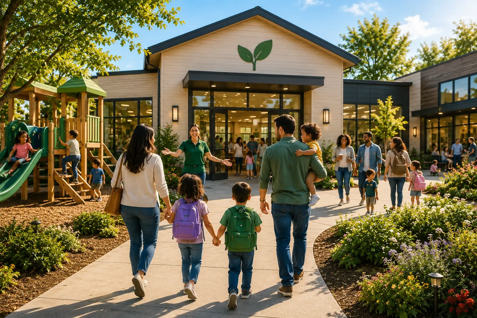 a man, woman and three children walk up to a child care center