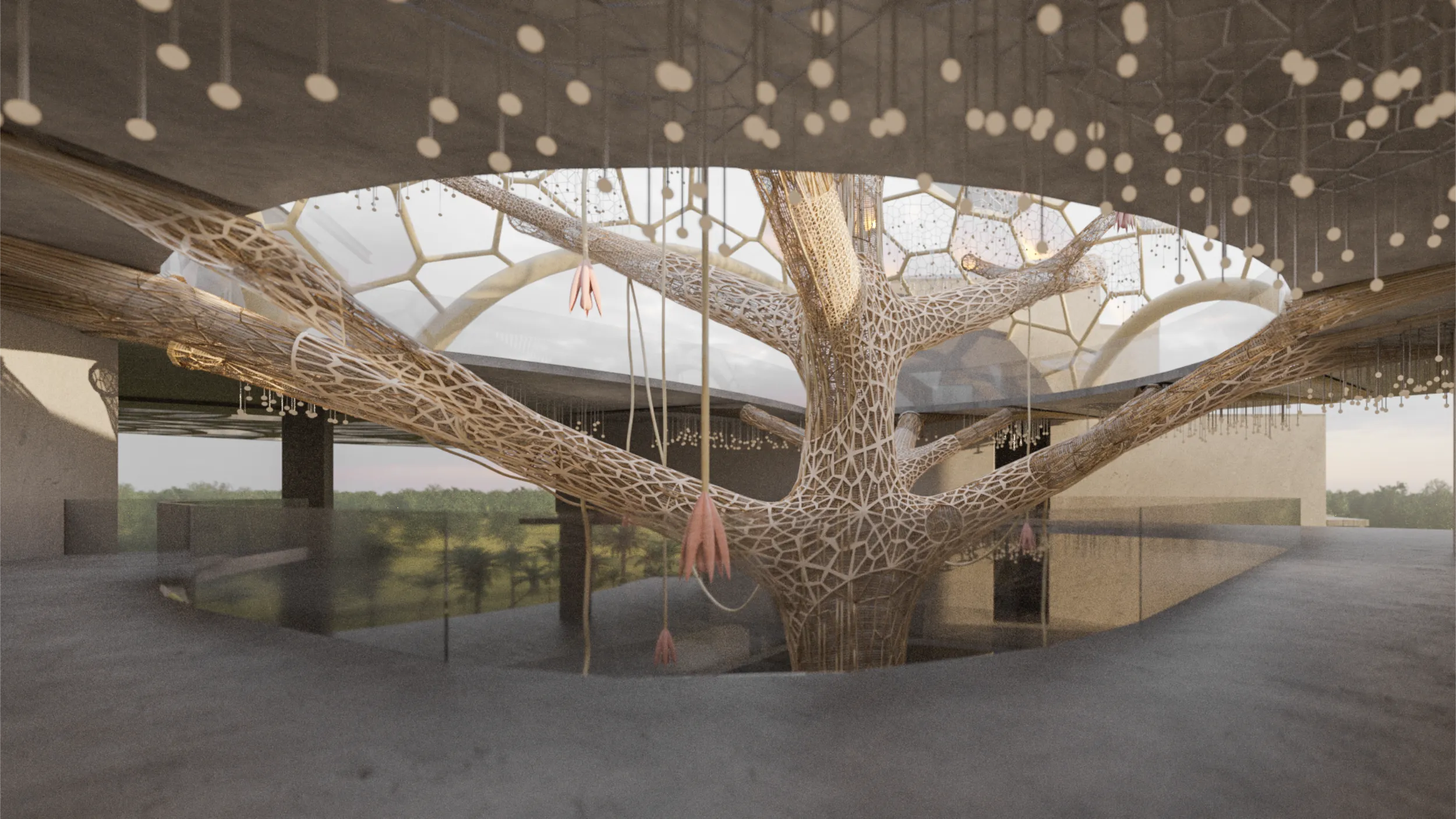 Rendering of the Tzalam wood dome and structural bamboo branches in the lobby of EOS Tulum, designed by Arquitectura Mixta.