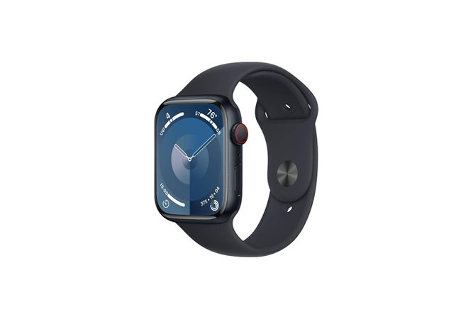 Apple Watch Series 9 med sort sportsrem og rektangulær skærm