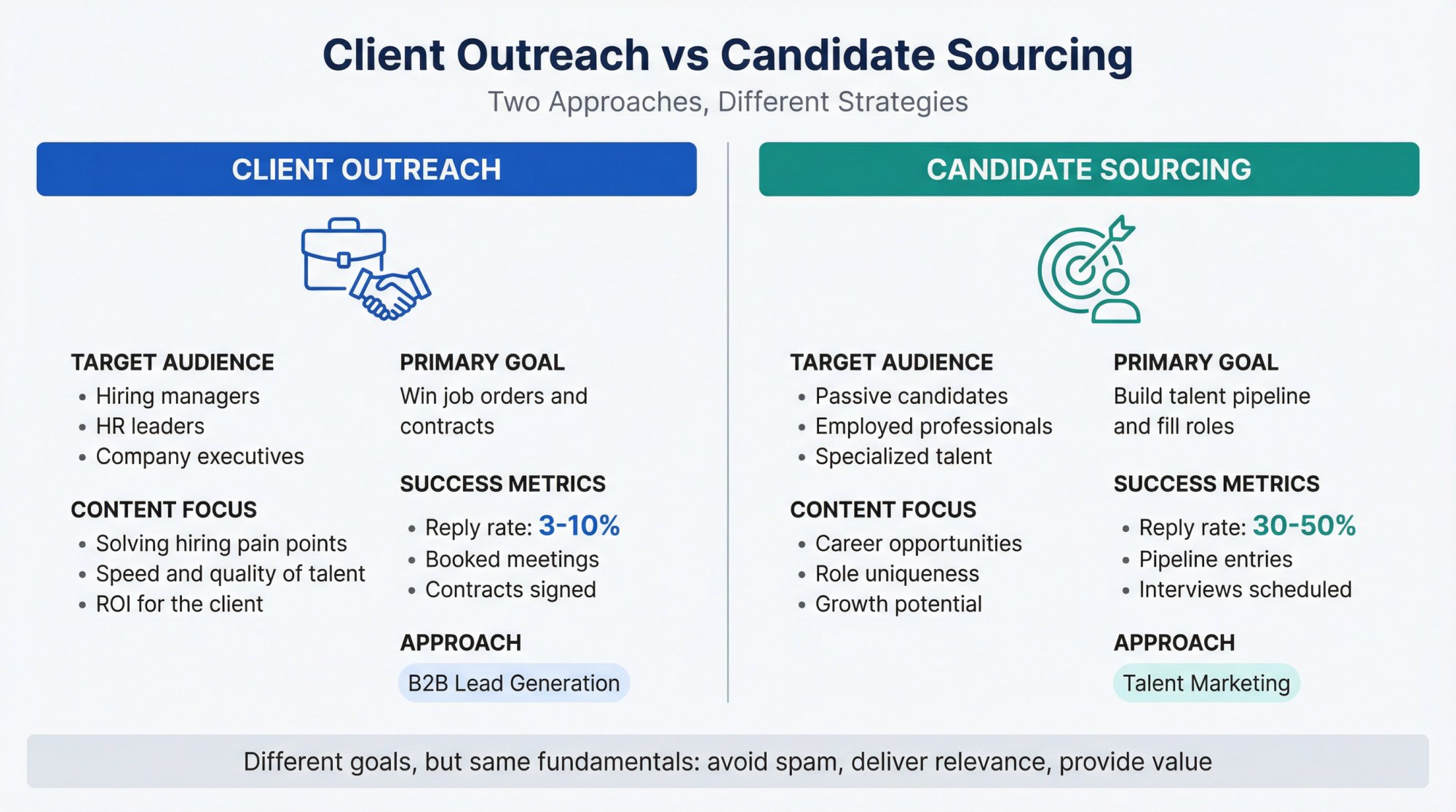 Split-screen comparison infographic showing client outreach vs candidate sourcing workflows for recruiting agencies