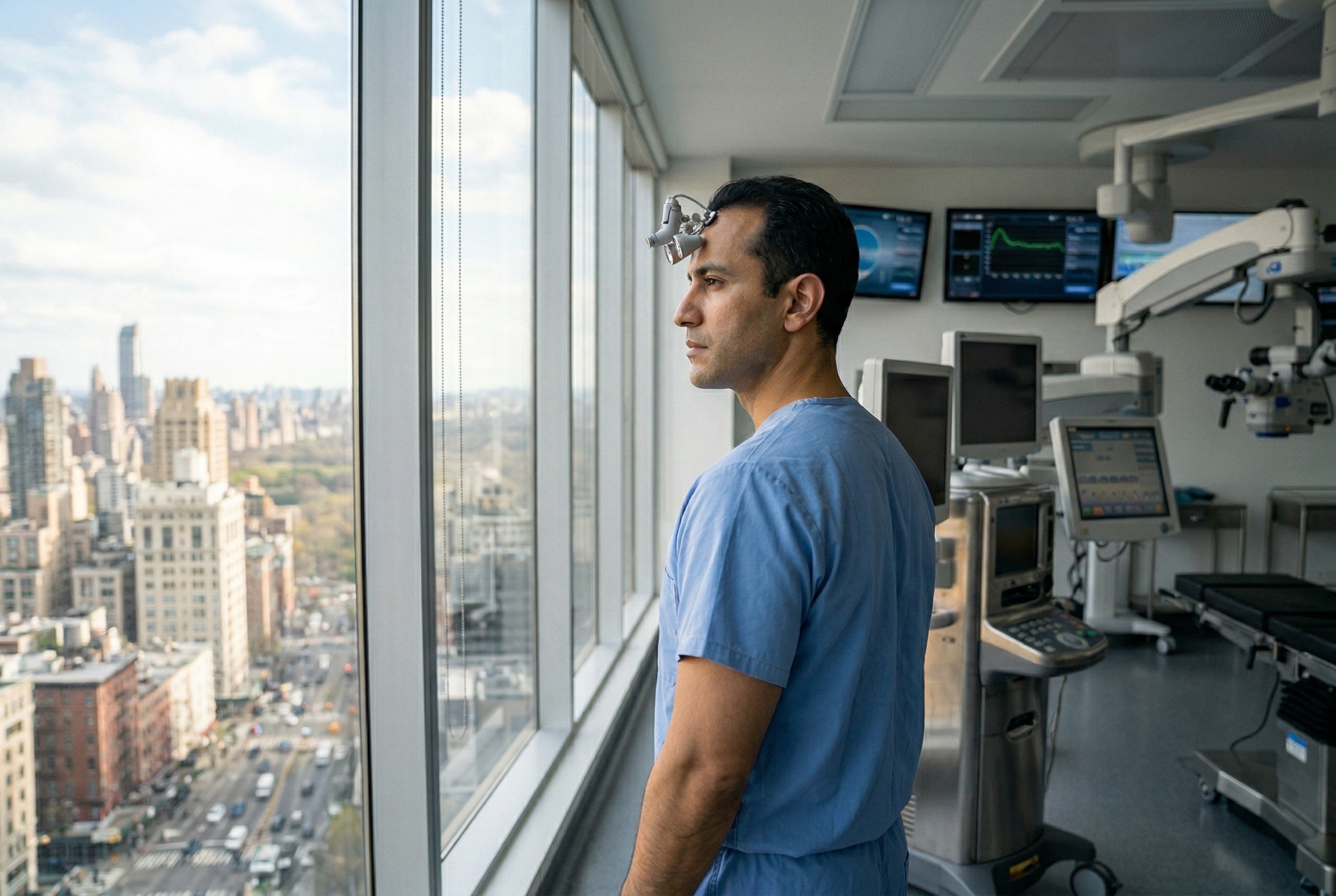 Young male ophthalmologist in surgical scrubs and loupes standing in operating room looking out window