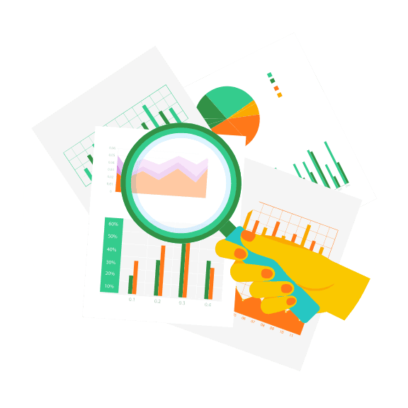 Illustratie van financiële rapporten en grafieken die met een vergrootglas worden geanalyseerd, wat symbool staat voor transparantie en verantwoording.