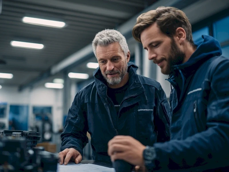 Two men in blue jackets looking at a blueprint in a warehouse.