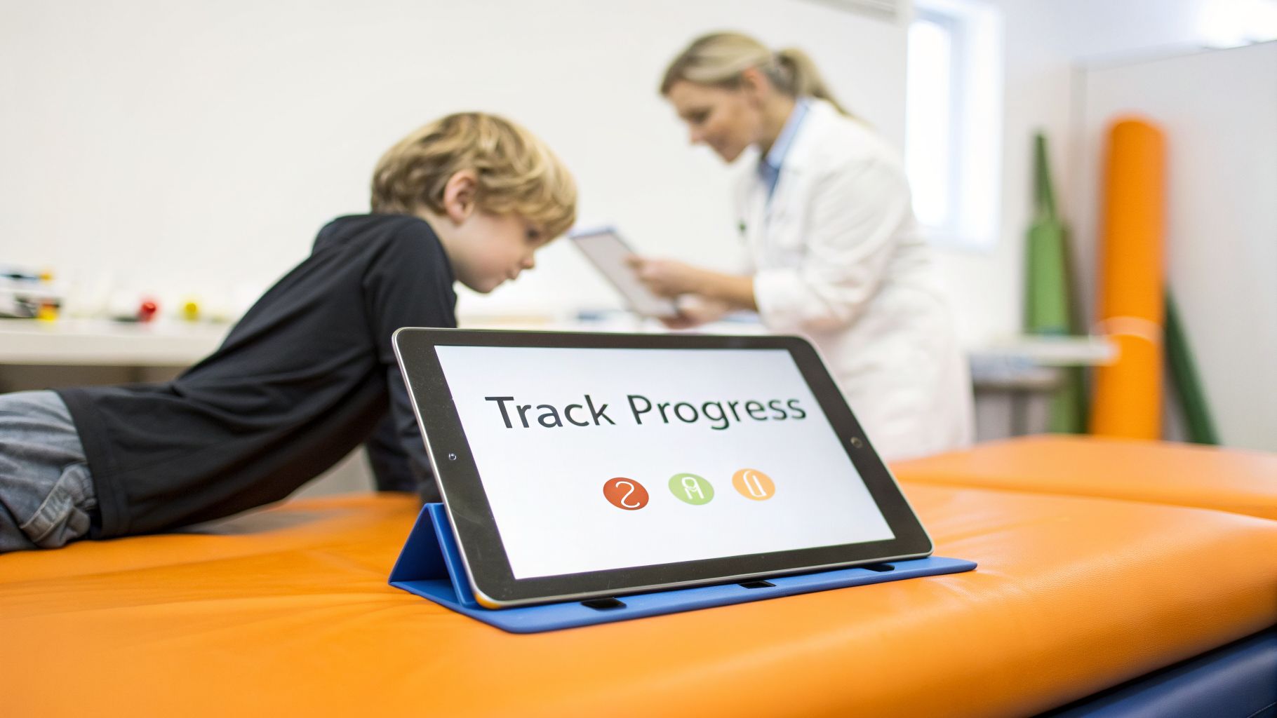 A young boy on an orange mat looks at a tablet displaying 'Track Progress' while a therapist stands behind him.