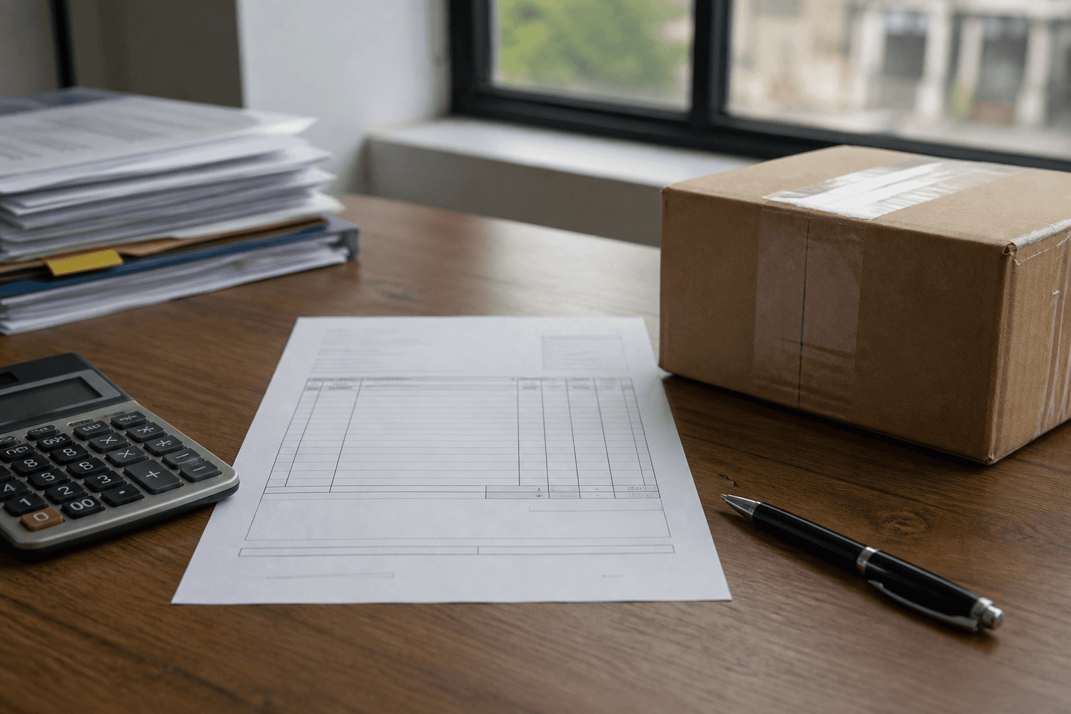 A calculator, a commercial invoice and a sealed parcel on an office desk
