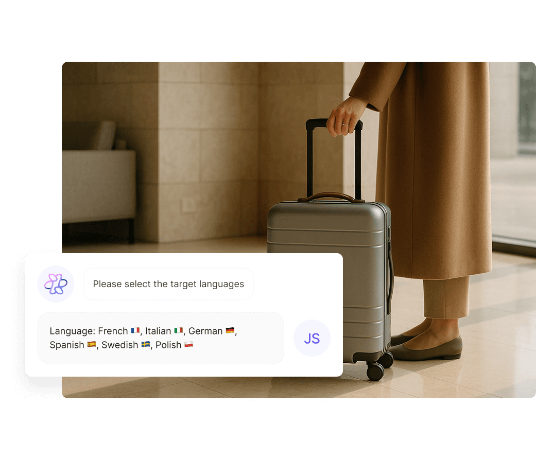 A person in a long coat stands beside a modern, silver suitcase with wheels, ready for travel in an indoor setting, highlighting travel and luggage.
