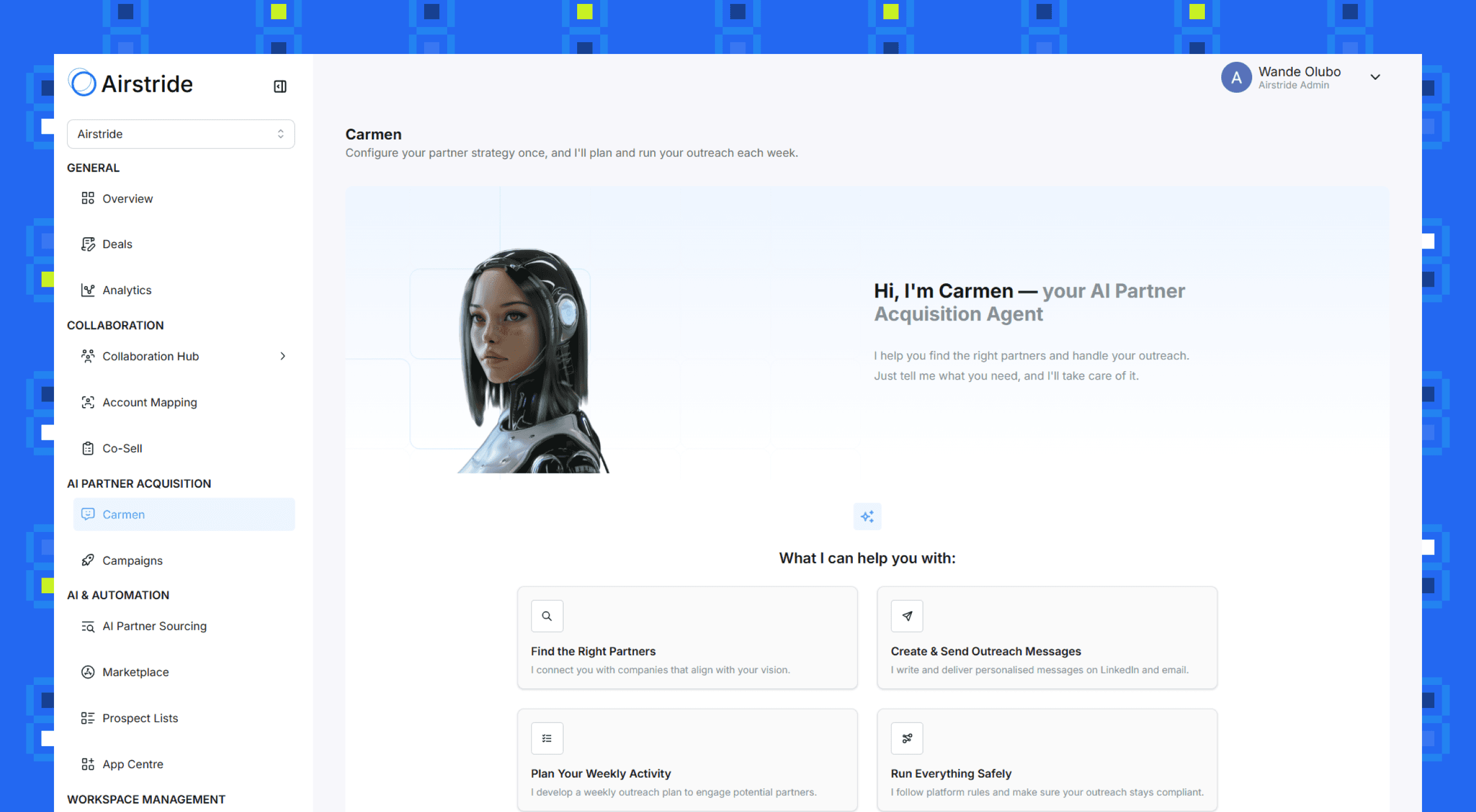 Airstride AI partner management platform dashboard showing automated partner sourcing and deal flow.